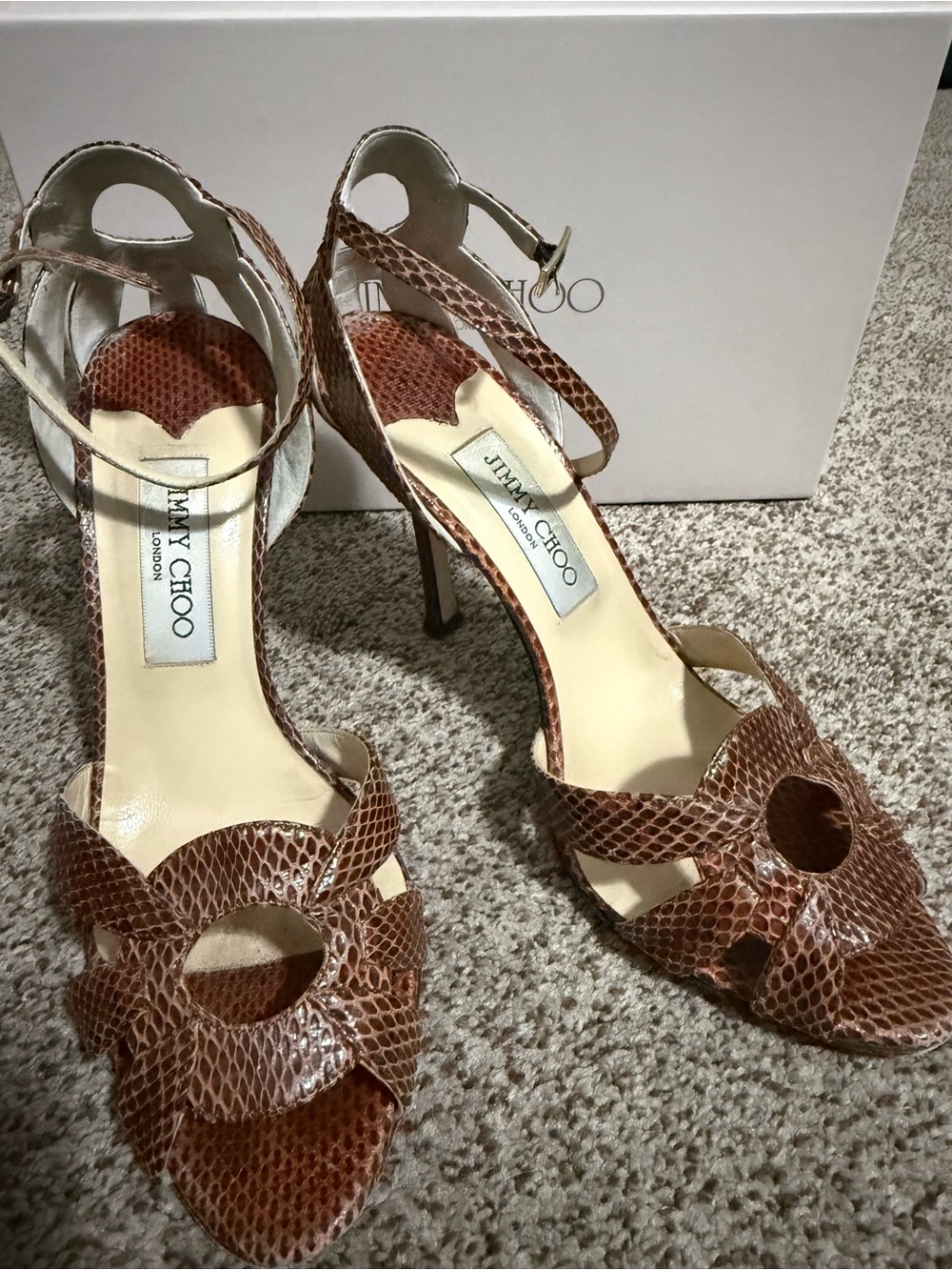 Jimmy Choo Brown Snake-Print Open-Toe Ankle-Strap Heels